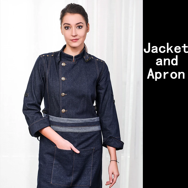 Hight Quality Man Denim Cotton Chef Uniform Kitchen Restaurant Bakery Work Clothes Jacket with Apron Food Service Cook Coat - Цвет: Woman Color2 Long