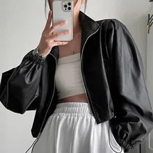 PU Leather Jacket Women's 2021 Locomotive Leather Jacket Solid Color Drawstring Waist Loose Zipper Jacket Jacket куртка женская