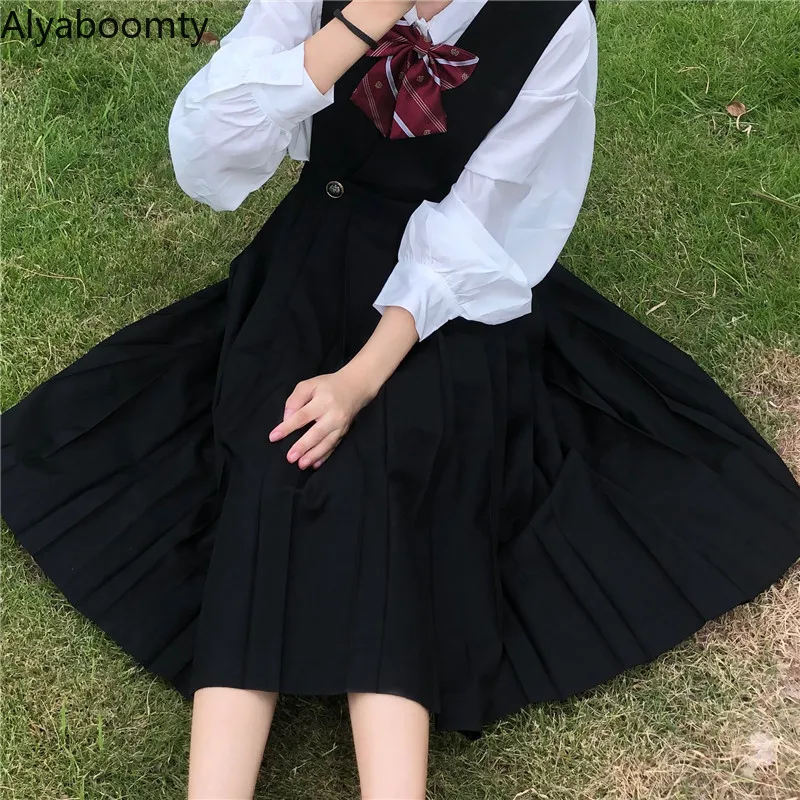 Japanese Preppy Style Women 2 Pcs Set White Bow Oversized Shirt+Suspenders Black Pleated Skirt Cute Kawaii Student's JK Uniform |