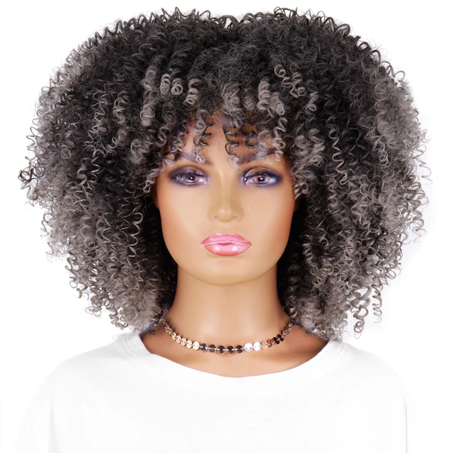 LINGHANG Short Hair Afro Kinky Curly Wigs With Bangs For Black Women African Synthetic Omber Glueless Cosplay Wigs Gradient Hair T1B/4/30