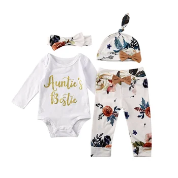 

4Pcs Infant Newborn Baby Boy Girl Clothes Outfit Set Letter Cotton White Rompers and Floral Long Pants Headband Hats Set 6-24M