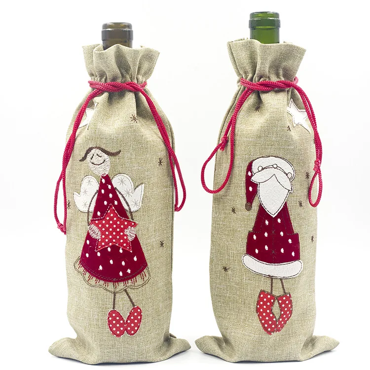 Christmas Decorations for Home Burlap Embroidery Angel Old Man Wine Bottle Cover Set Christmas Gift Bag Santa Sack Xmas Decors