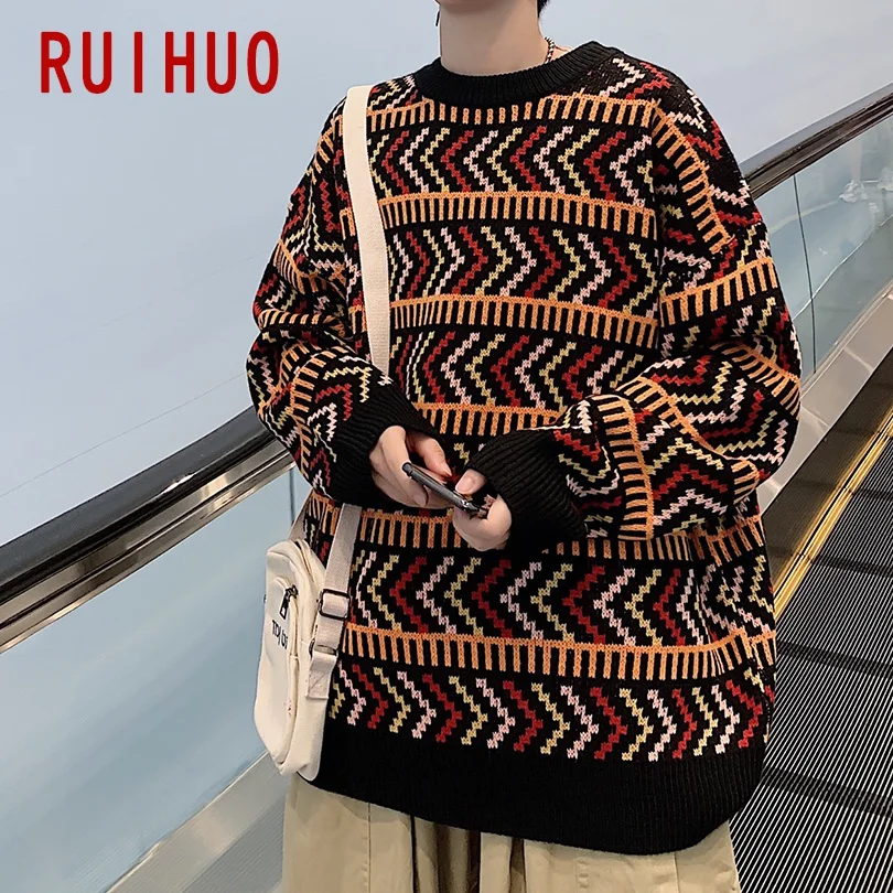 RUIHUO, новинка, Осень-зима, полосатый Повседневный свитер для мужчин, толстый вязаный пуловер для мужчин, модный бренд, мужские свитера, Вязанная одежда, M-2XL