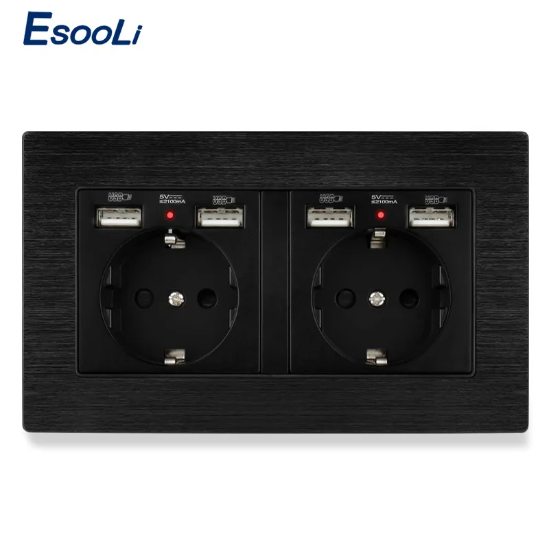 Esooli черная алюминиевая панель настенная розетка стандарта ЕС с 4 USB зарядными