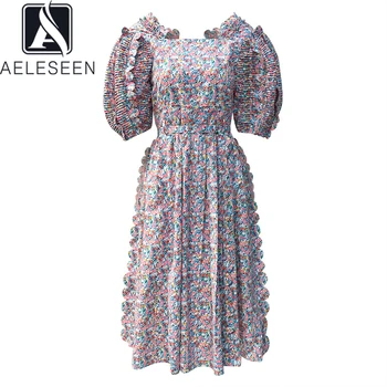 

AELESEEN Sweety Women Fashion Dress 2020 Summer Puff Sleeve Elegant Dress Ruffles Floral Party Holiday Dress Vestidos