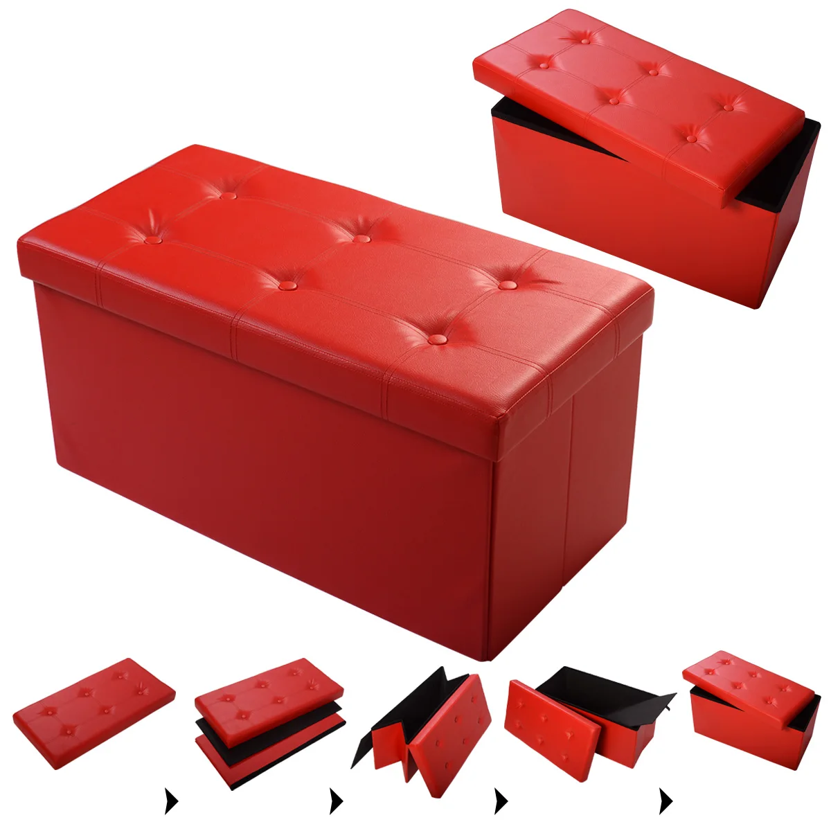 

Costway 30"x15"x15" Large Folding Storage Faux Leather Ottoman Pouffe Box Stool (Red)