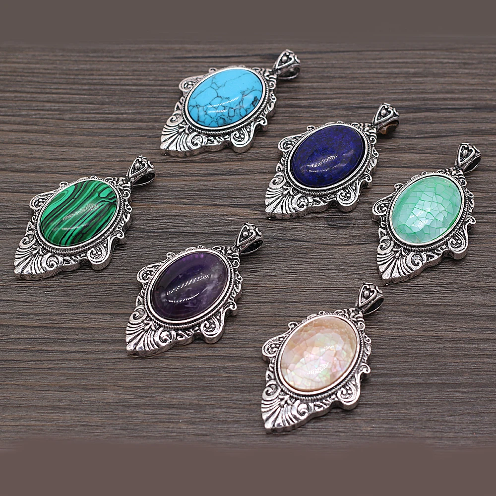 New Vintage Abalone Shell Pendants Charms Elliptical Malachite Amethysts Pendant for Jewelry Making DIY Necklace Accessories 5