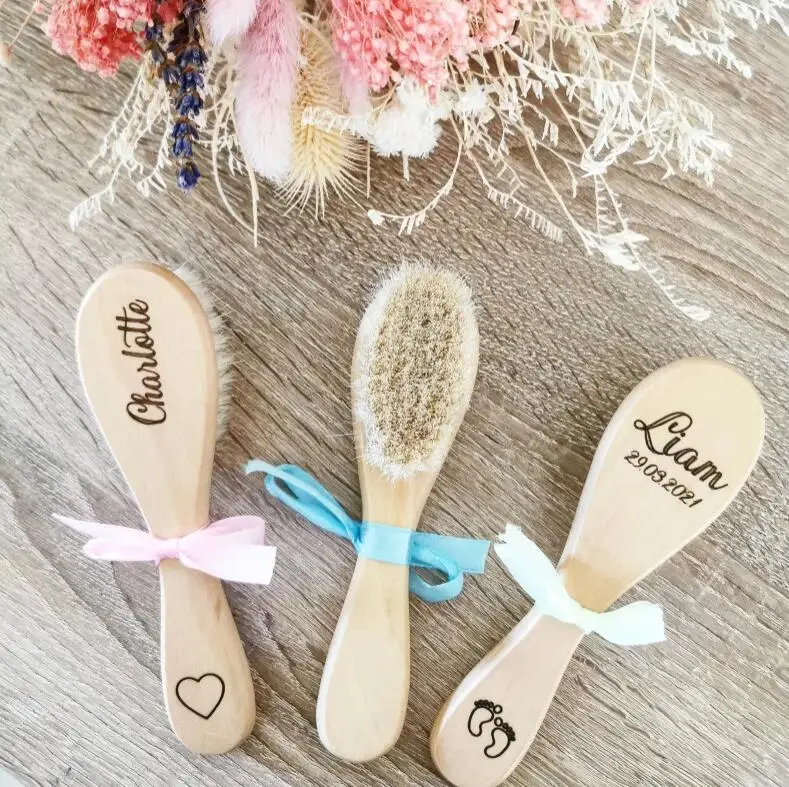 Custom Name Baby Bathing Comb Care Hair Brush Pure Natural Wool Wood Newborn Massager Shower and Registry Gift | Дом и сад