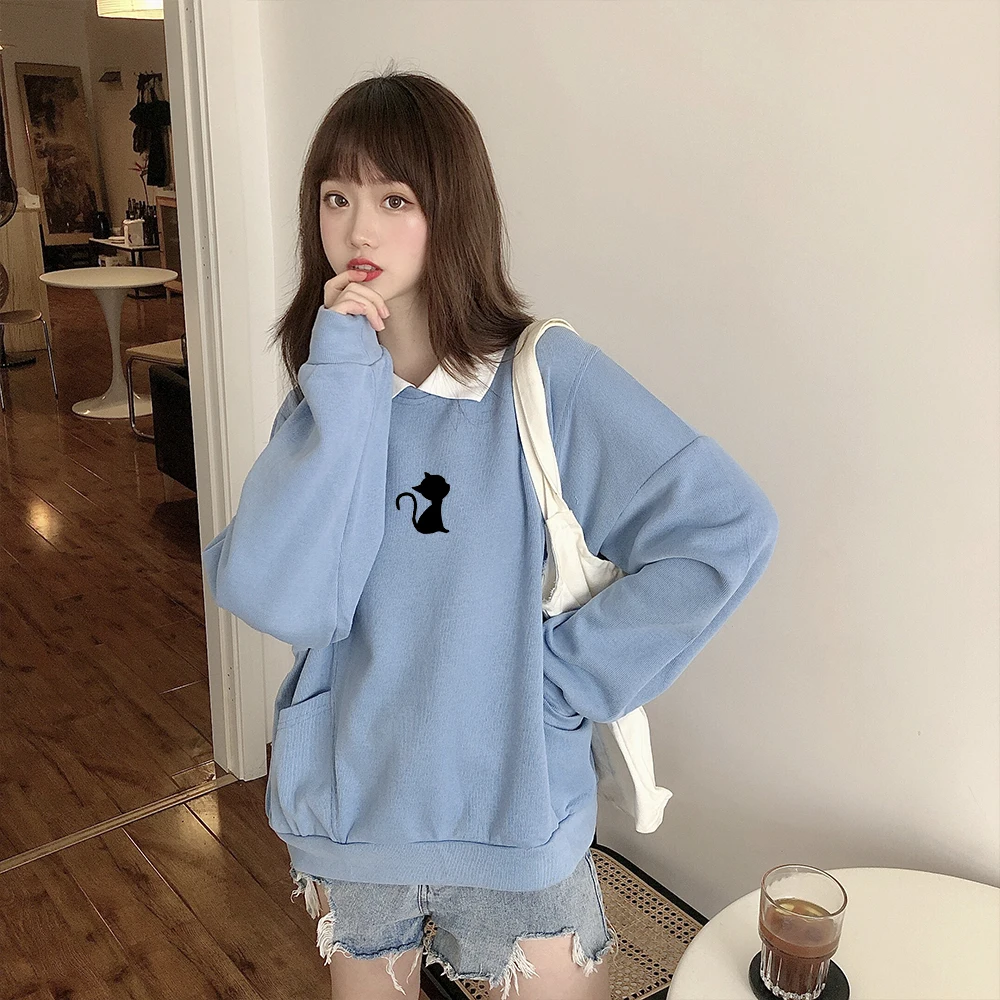 

Sudaderas Estampadas Mujer Cute Turn-down Collar Sweatshirts The Comfy Women Hoodies Spring Kawaii Black Cat Printing Pullover