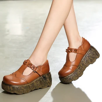 

Women Leather Pumps High Heels Wedge Shoes Autumn Embroidery Mary Jane Pump Women Handmade Genuine Leather Women Retro Shoe 2019