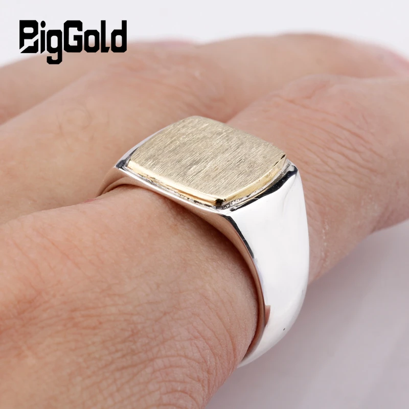 925 Sterling Silver Signet Men Ring Simple Elegant Gold Color 