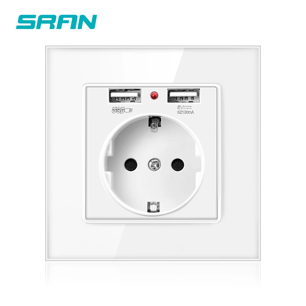 SRAN-toma de corriente de la UE, enchufe con puerto de carga Usb 2.1A 16A, Panel de cristal, toma de corriente eléctrica de pared de Rusia y España