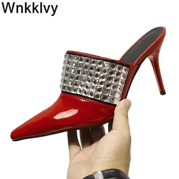 

Shiny leather high heel shoes slippers women pointed toe crystal rhinestone sandals gold red summer runway party dress pumps