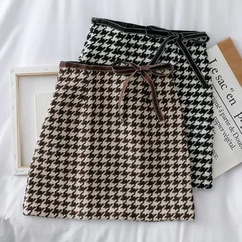 

HELIAR Plaid Skirts Women Woolen Bodycon A-line MINI Skirts Spring Mini Wide Leg Saches Drawstring Skirts Sexy Skirts