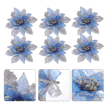 

12 Pcs Artificial Flowers Decorations Christmas Tree Glitter Adornments (Blue)