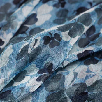 

Blue clover digital printing pleated silk dress fabric