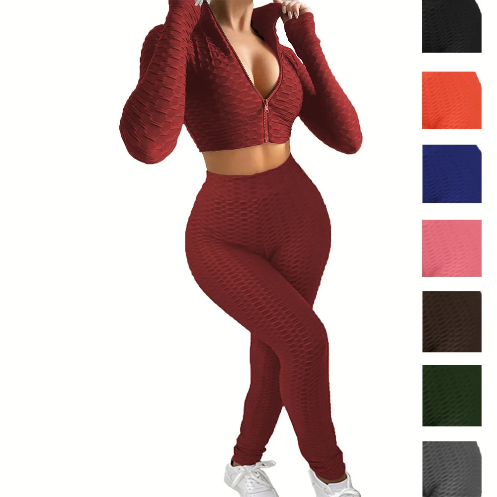 

Women Fashion casual solid pineapple grid sports outfits suit 2 piece sexy suit long sleeve long pant Streetwear