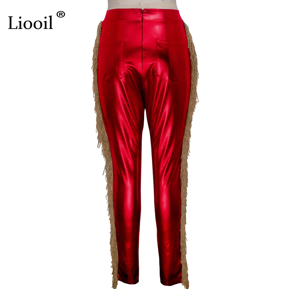 Liooil, искусственная кожа, ПУ, с кисточками, узкие брюки, женские, черные, слаксы,, уличная одежда, Сексуальные клубные брюки, бодикон, высокая талия, длинные штаны