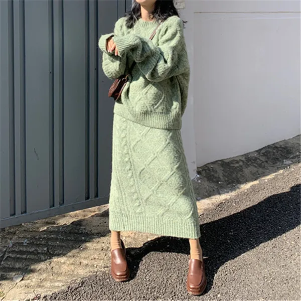 Mint Green RUGOD, элегантный женский свитер, винтажный мохеровый свитер с ромбовидным узором, пуловер с длинными рукавами и круглым вырезом, комплект из двух предметов, зимний свитер - Цвет: Mint Green