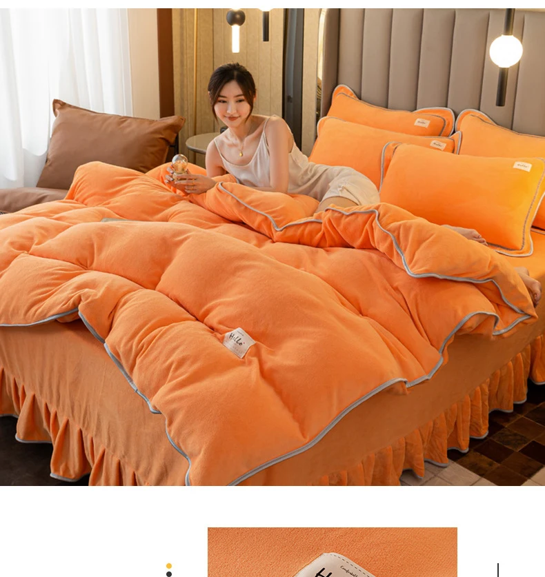 Winter Thickened Plush Duvet Cover Milk Velvet Quilt Cover Bed Skirt 4pcs Bedding Set Solid Color Warmth Home Textiles king size bed set