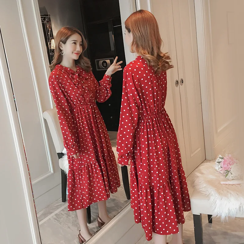 

Maternity Clothes 2019 Autumn New Style Dress Korean-style Neckline Butterfly Lace-up Polka Dot Pregnant Women Dress