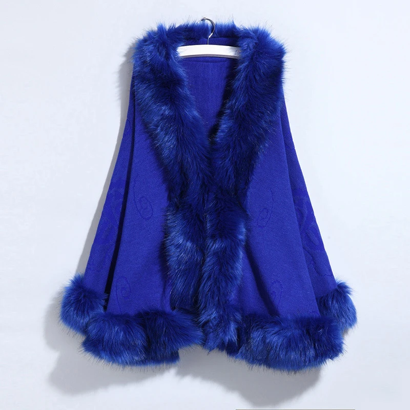 

New Oversize Winter Coat Women Knit Jacket Faux Fox Fur Collar Shawl Cloak Cape Coat Poncho Feminino Inverno Cape Femme