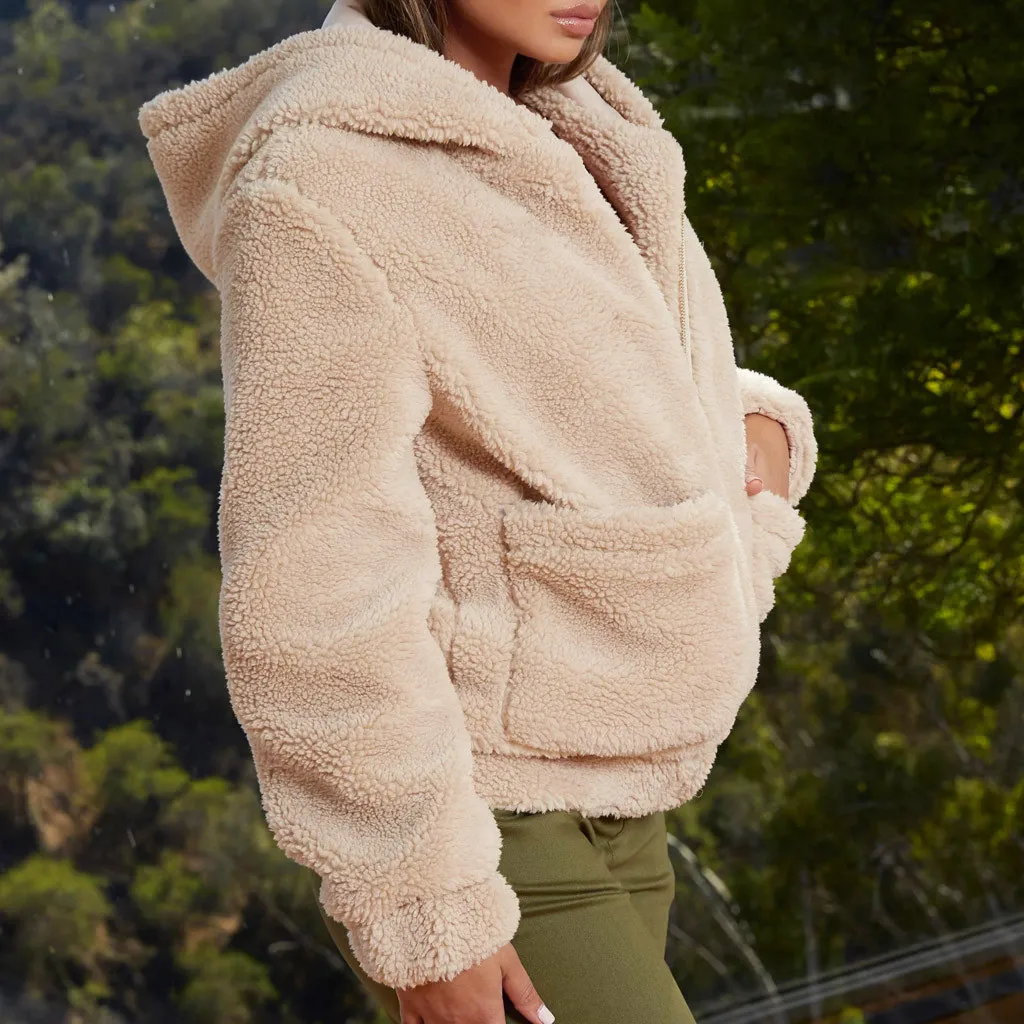 Женское плюшевое пальто с отворотом, флисовая пушистая куртка из искусственной овчины, куртка на молнии с капюшоном, теплая верхняя одежда, куртка, пальто с карманами, зимнее пальто