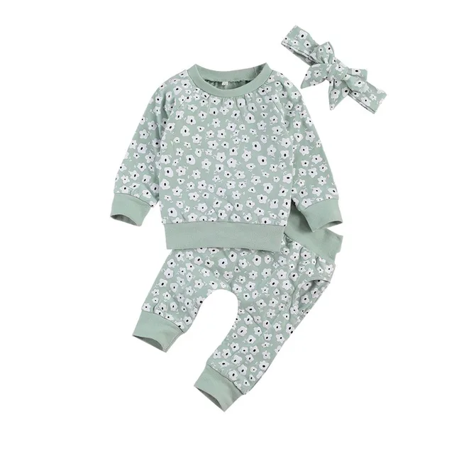 Spring New Fall Autumn Infant Baby Girls 3Pcs Set Long Sleeve Lovely Print Top Pants Headband Toddler Outfits Clothes 4