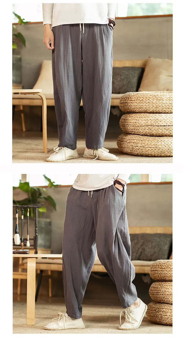 Casual pants Chinese style men's loose straight linen trousers Plus size M-5XL solid color Harajuku literary pants male