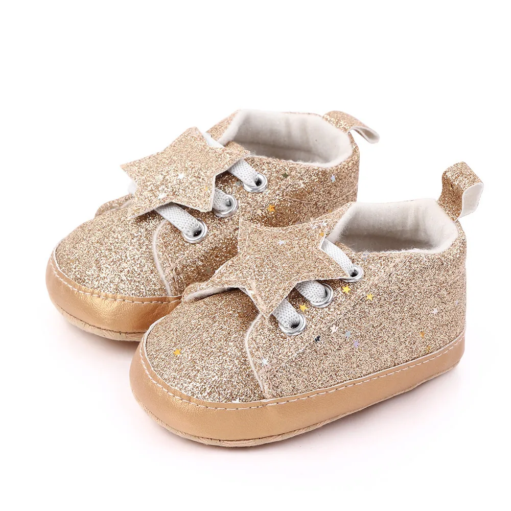 Весна и осень новые звезды с блестками детские туфли принцессы детская обувь на мягкой подошве для детей, еще не начавших ходить; нескользящая обувь для малышей; обувь для младенцев 2288 - Цвет: Gold