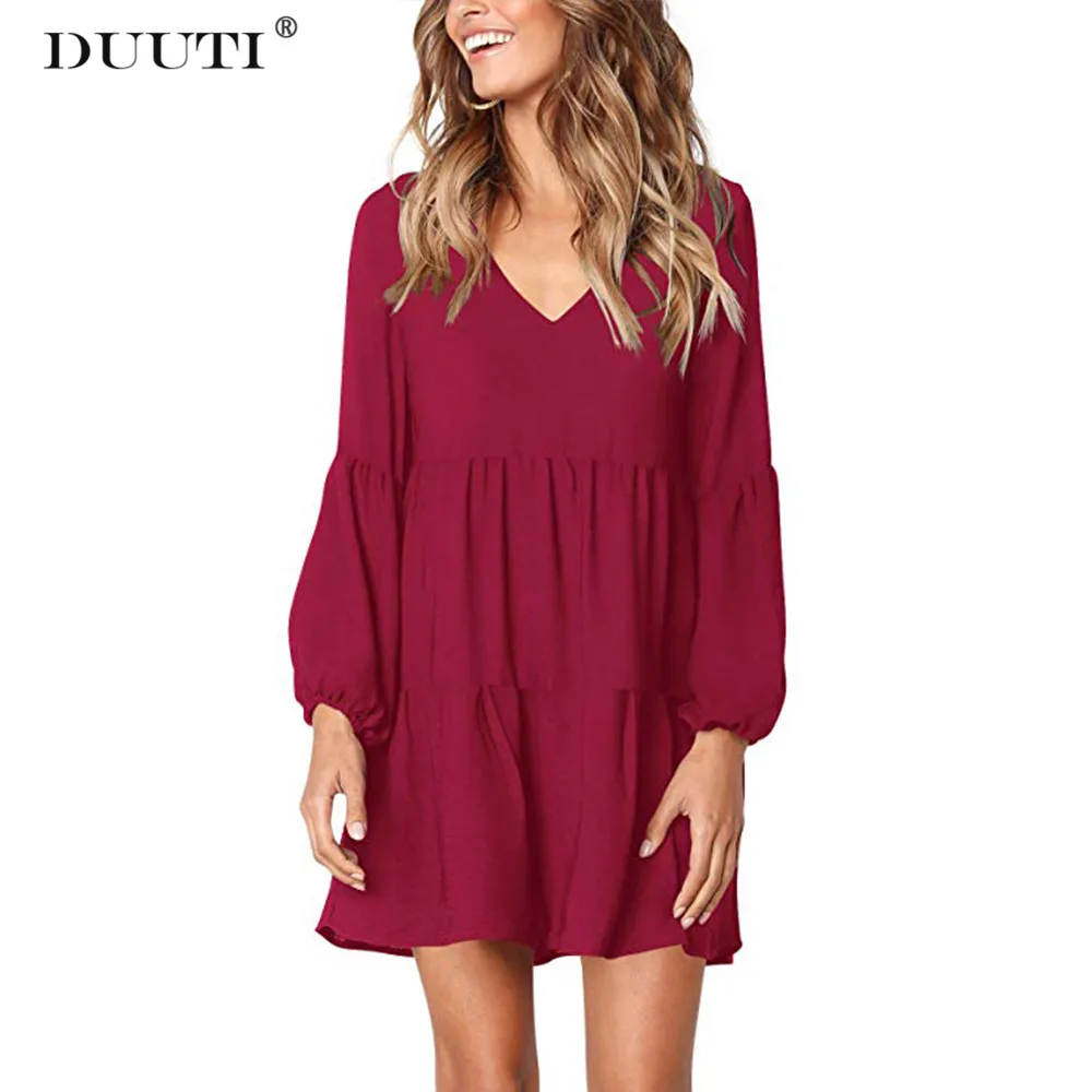 

DUUTI Puff Sleeve Solid Dress Women Spring Autumn V Neck Pleated Style Mini Dress Ladies Vintage Elegant Casual Office Wear D30
