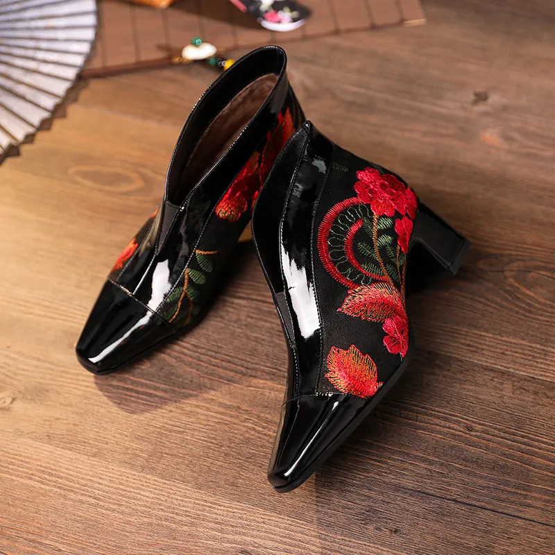 ASUMER/ г., ботильоны из лакированной кожи наивысшего качества женская обувь на высоком каблуке с вышивкой в этническом стиле женские осенне-зимние полусапожки