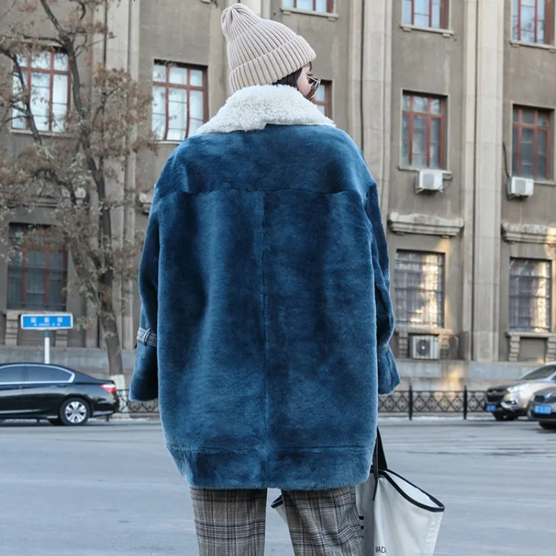 Новинка, модное пальто с овчьим меховым воротником, женские однобортные толстые пальто, корейские женские пальто с натуральным мехом, свободные куртки