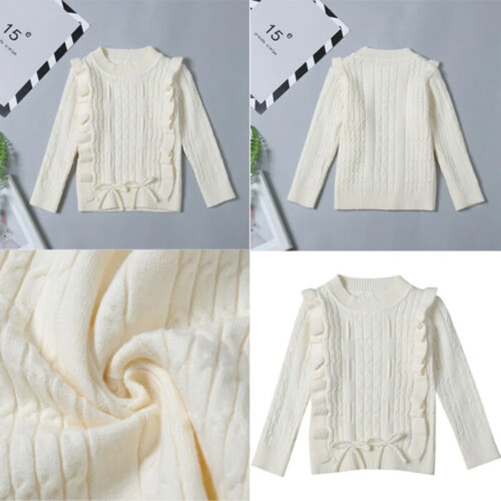 Baby Girl Ruffle White Knitted Sweater Warm Pullover Tops Outwear Autumn Winter Children Girl Clothes Sweaters