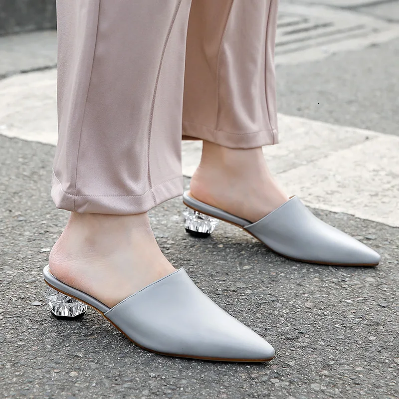 

Genuine Leather Women's Shoes Cowhide Crystal With Sharp Back Shoe Concise With Slipper Shoes