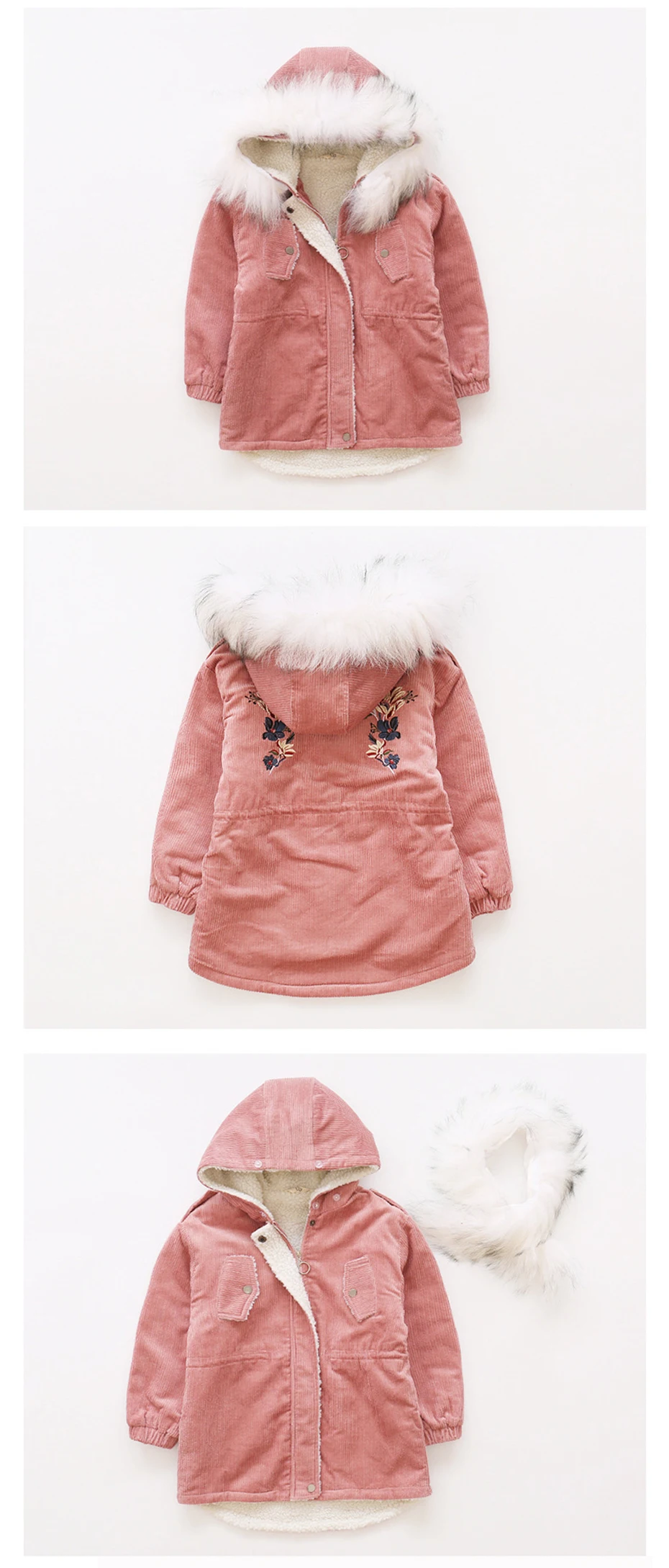 Winter Jackets For Girls Fur Hooded Warm Girls Coat Embroidery Kids Jackets Autumn Teen Christmas Girls Clothes For 5-14 Years