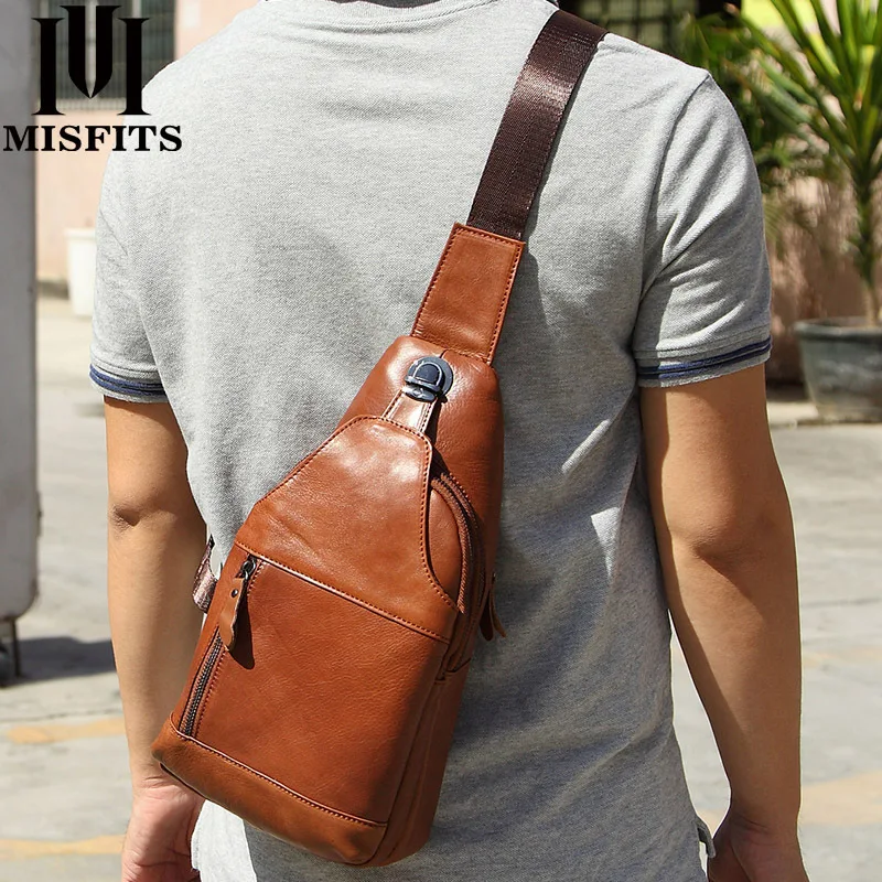 

MISFITS 2020 Men's Fashion Retro Genuine leather Crossbody bag High Quality Large Capacity Hiking Anti-theft Cell Phone Pocket