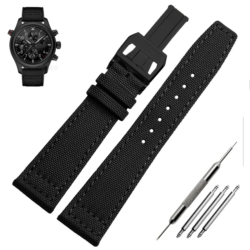 Green and Black Nylon Leather Watch Band Strap with Silver Pin Buckle - High Quality