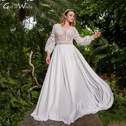 Plus Size Boho A Line Wedding Dress Chiffon Long Sleeve Women Bride Dresses Lace-up Illusion Back Bridal Gown Vestidos De Novia