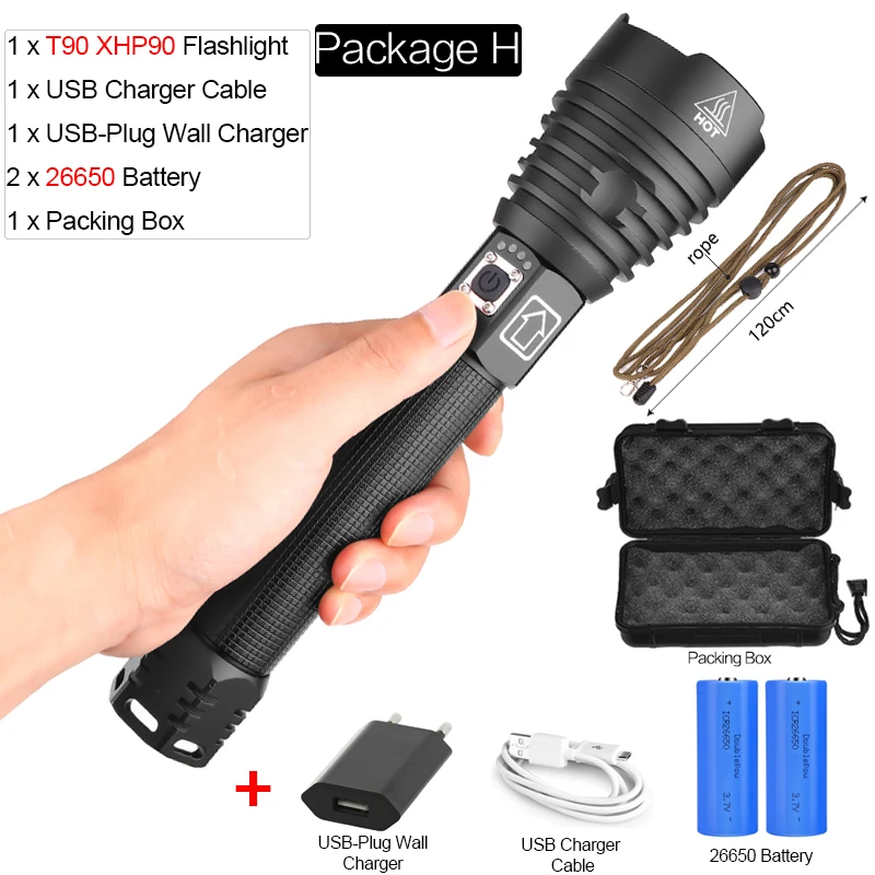 Package H XHP90 самый мощный светодиодный фонарик XLamp 18650 26650 Zoom Torch XHP70.2 USB Перезаряжаемый тактический фонарь для кемпинга охота лампа - Испускаемый цвет: Package H
