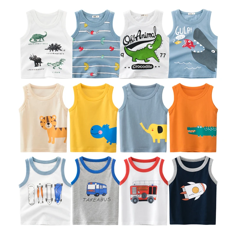 HH 2021 Summer Kids Cotton T Shirts Boys Girls Baby Cartoon Printed Sleeveless Vests Clothes For 2-8 Years Children's Clothing | Мать и