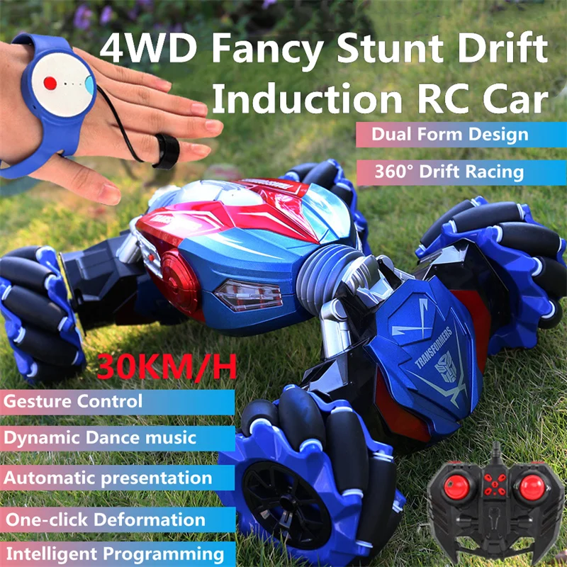 Ulikey Coche Teledirigido 4WD 2.4GHz Con Control Dual – Mando Y Reloj Gestual, LED, Música, Spray, Rotación 360°, Batería Doble, Regalo Para Niños De 6 A 13 Años (Azul)