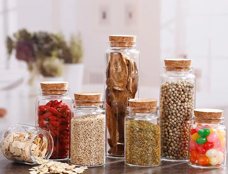 8pcs 50/60/90/100/120/150/200/240/260ml Big Transparent Cork Stopper Glass Bottles Jar Vials Caddy Storage Jars Container