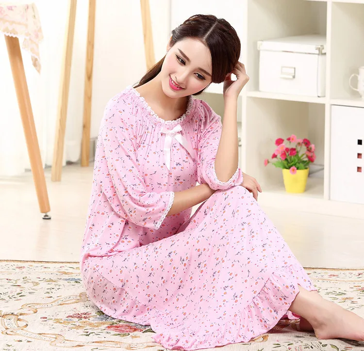 

and Autumn Ladies'Fresh Small Fragments of Flowers Modal Knitted Cotton Long Court Princess Nightdress Home Clothes