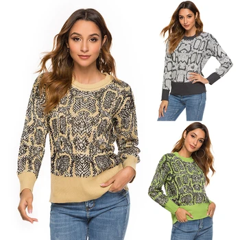 

Womens Knitted Sweaters Puff Printed Long Sleeve Loose Fit Pullover Crewneck Leopard Female Autumn&Winter Ladies Tops