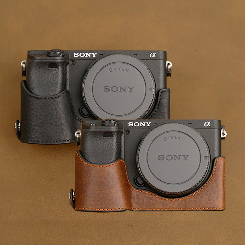 Handmade Genuine Real Leather Full Camera Case Bag Cover for Sony A6300 with 16-50mm Lens Black Color