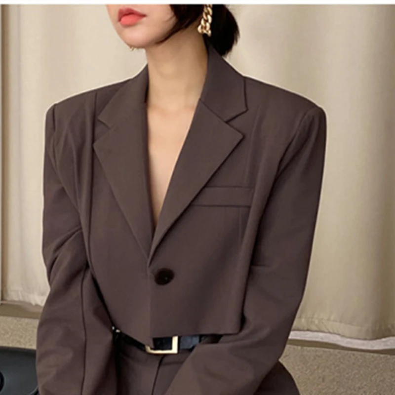 Office Lady Blazer Suits Vintage Two Piece Set Women Long Sleeve Short Blazer + High Waist Wide Leg Long Pants 2 Piece Outfits 3