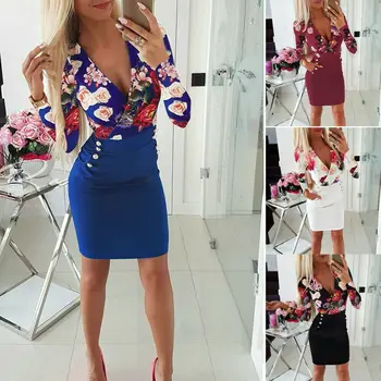 

Autumn Women Sexy Bodycon Dresses Long Sleeve Short Mini Floral Button Dress Party Evening Pencil Patchwork Female Vestidos