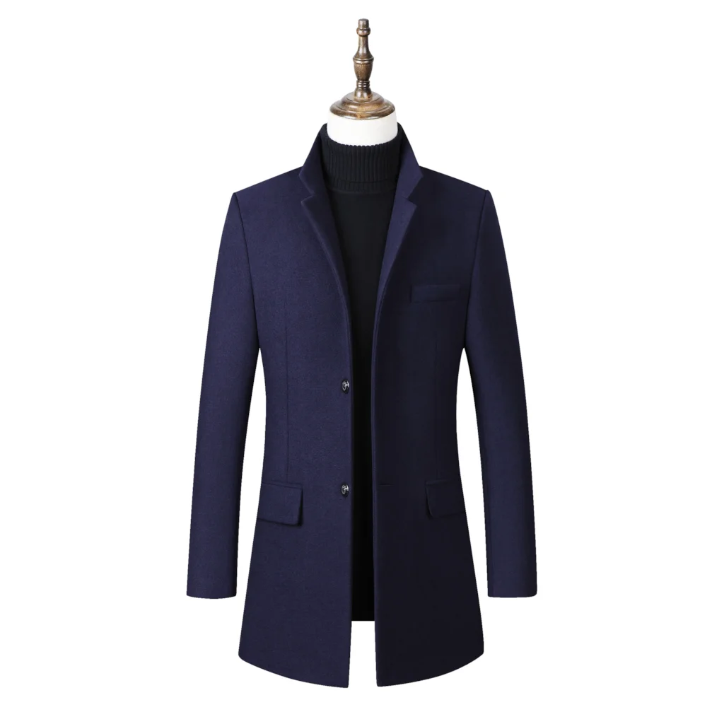 

PUIMENTIUA Winter Wool Jacket Men Solid Wool Coat Casual Slim Stand Collar Wool Coat Men Long Cotton Stand Collar Trench Coat