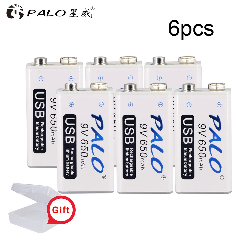 6pcs PALO 9V USB перезаряжаемые литиевые батареи батарея 650mah 9v bateria usb для рации Домашний Массажер металлический обнаружитель - Цвет: 6pcs